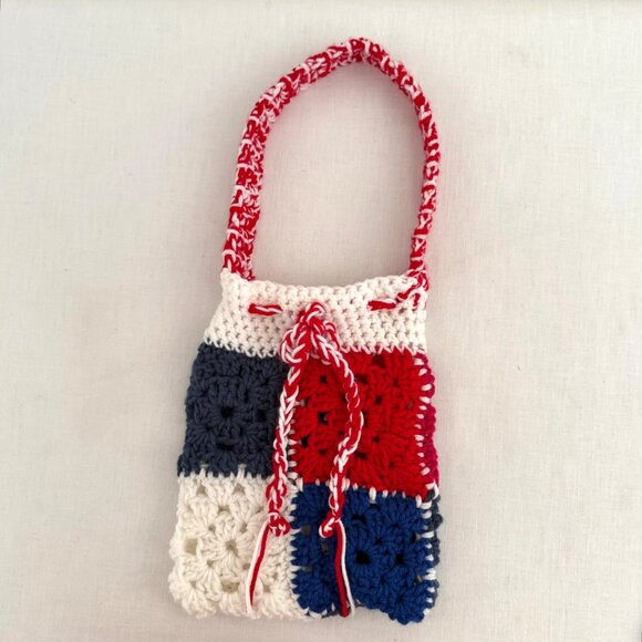 Handmade Handbags - Handmade Crochet Small Shoulder Bag Granny Square Red White Blue Drawstring Tote